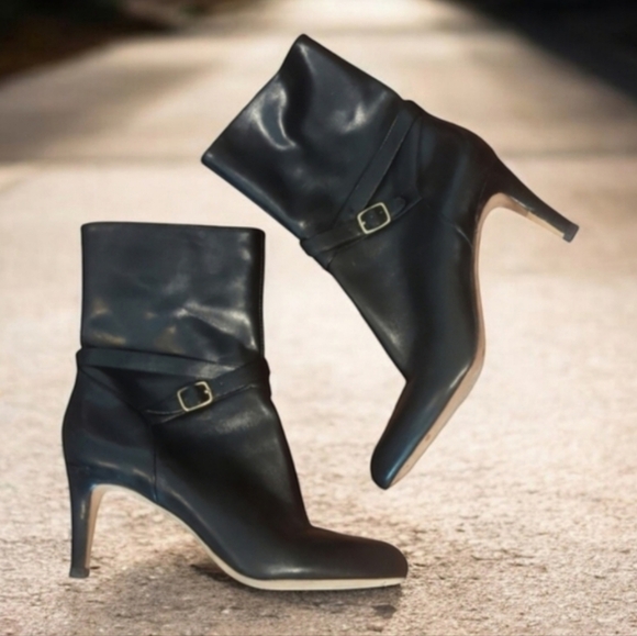 Designer Leather Boots black minimalist chic Office Siren Harness Wrap Sz 8.5 - Picture 1 of 13